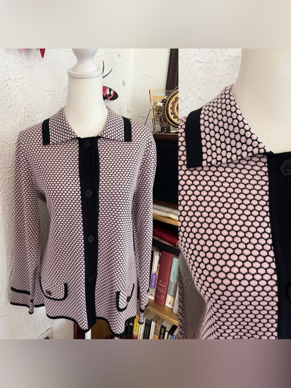 Misook SZ XS Women's Pink Black honeycomb texture longsleeved button down modest